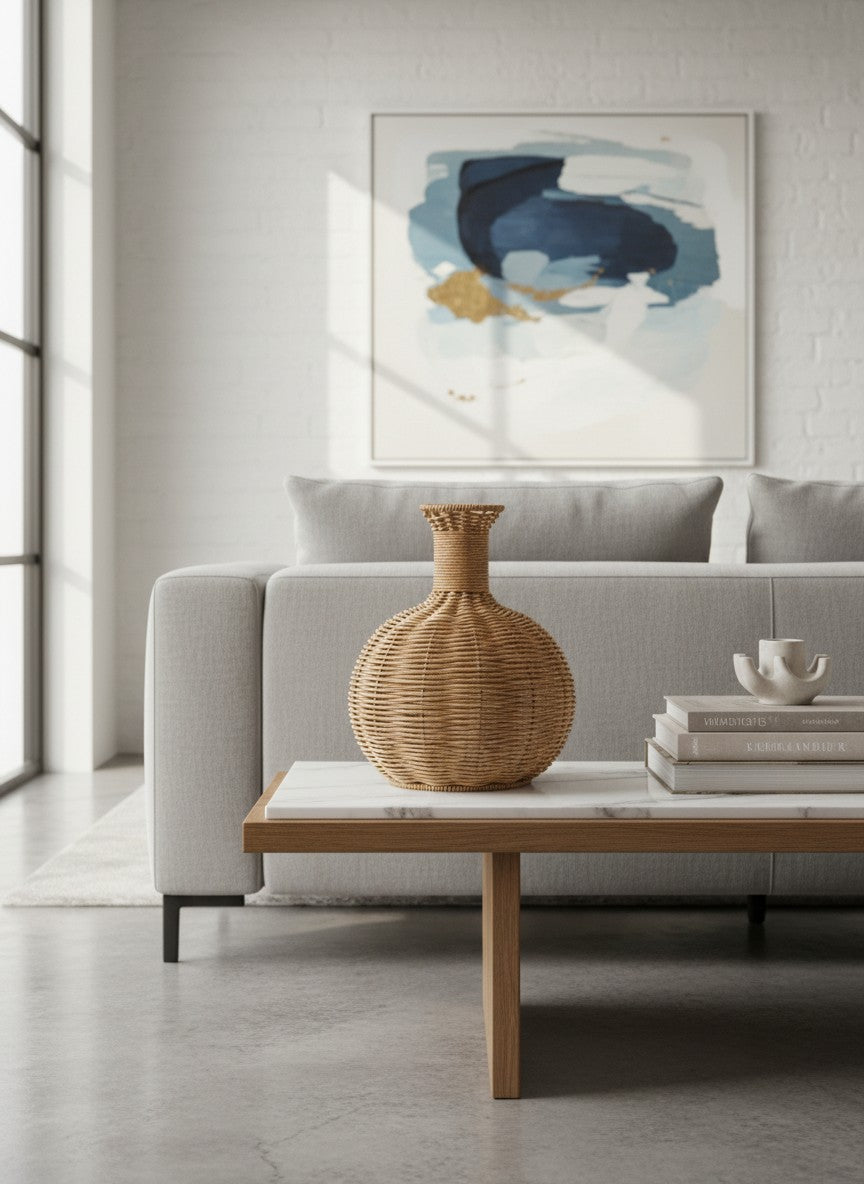 Vase Ma boutique en rotin tressé naturel, forme arrondie, style bohème.