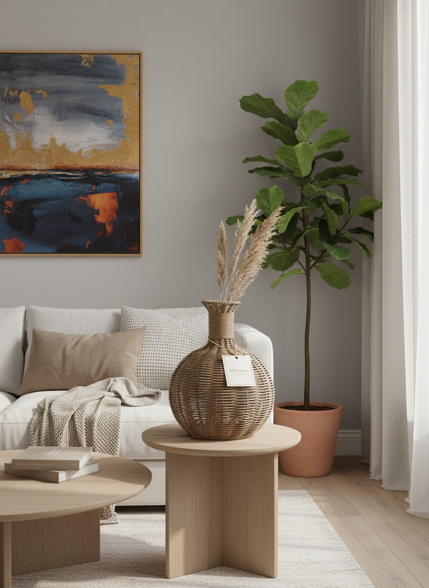 Vase Ma boutique en rotin tressé naturel, forme ronde avec col étroit. Style bohème.