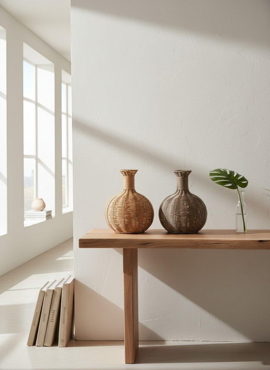 Ma boutique - Deux vases ronds en rotin tressé naturel, un clair et un foncé, style bohème.