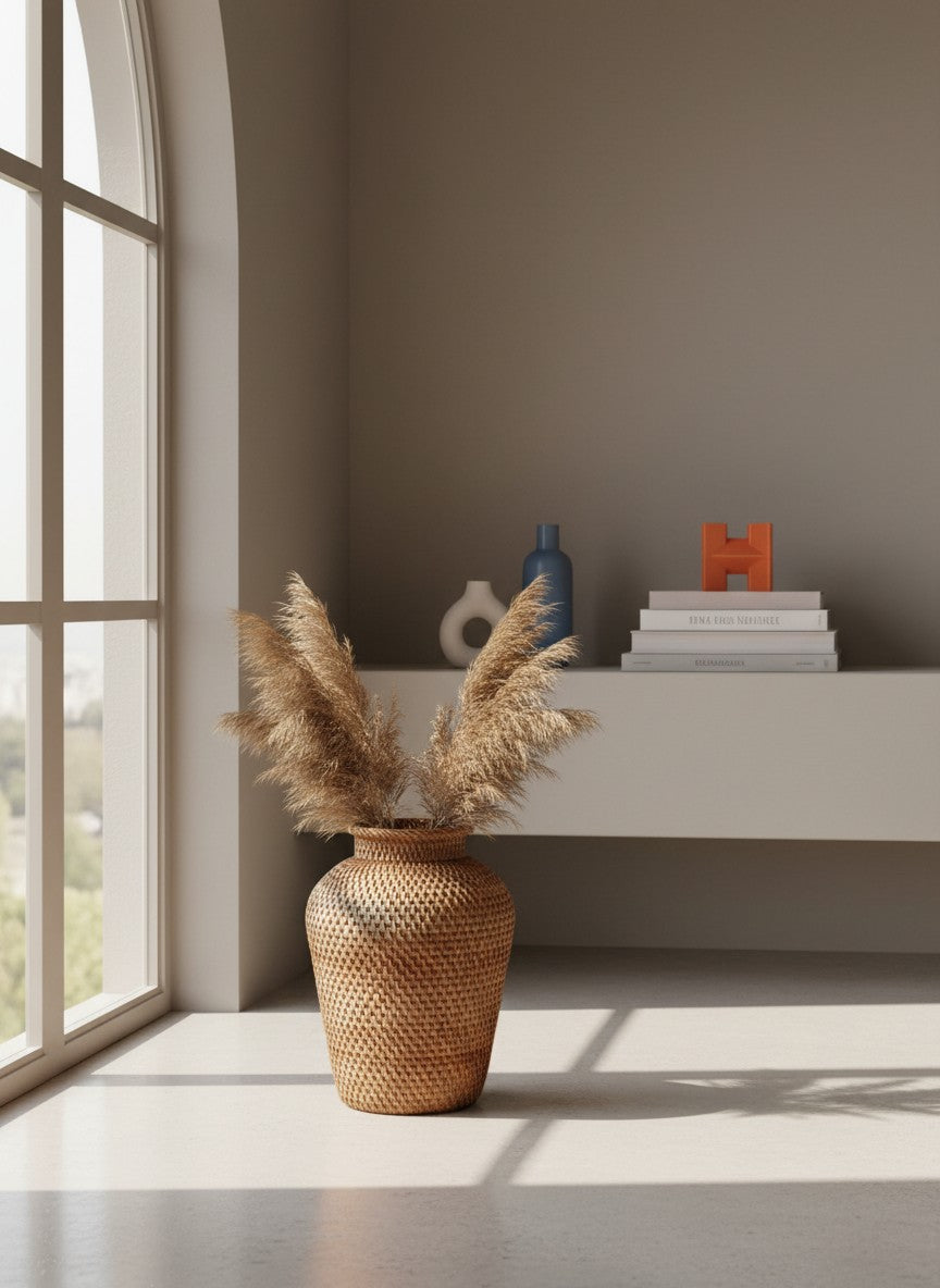 Vase en rotin naturel tressé Ma boutique, idéal pour fleurs séchées ou décoration bohème.