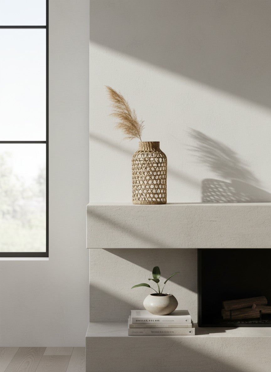 Vase en verre Ma boutique habillé de rotin tressé, style bohème, idéal pour fleurs fraîches ou séchées.