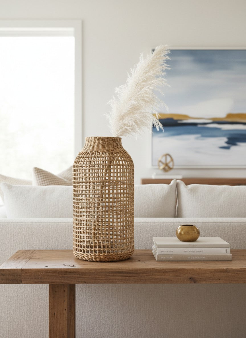 Vase en verre Ma boutique habillé de rotin tressé, style bohème, idéal pour fleurs fraîches ou séchées.