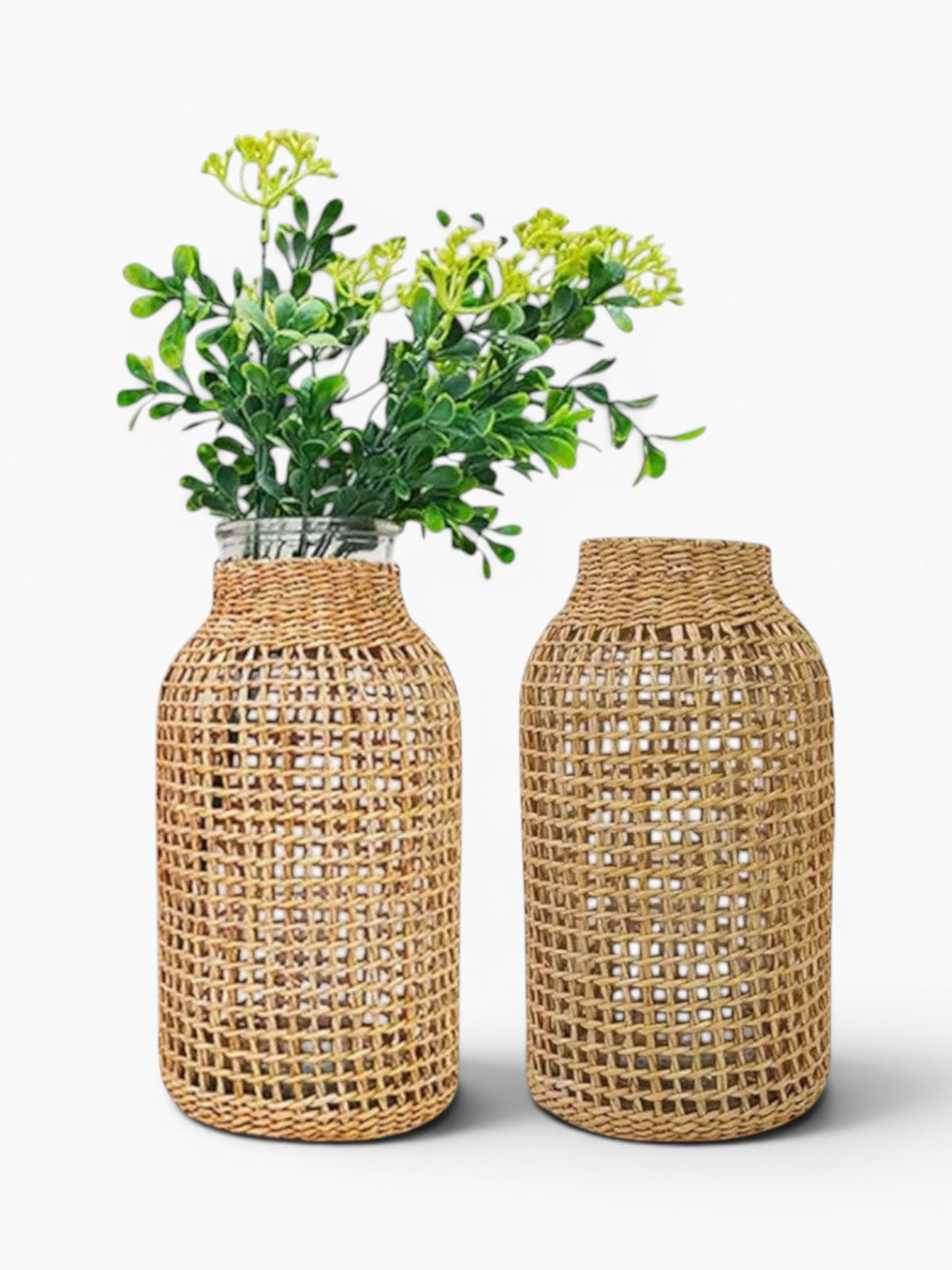 Ma boutique - Vase en verre avec tressage en rotin naturel, style bohème, idéal pour fleurs fraîches ou séchées.