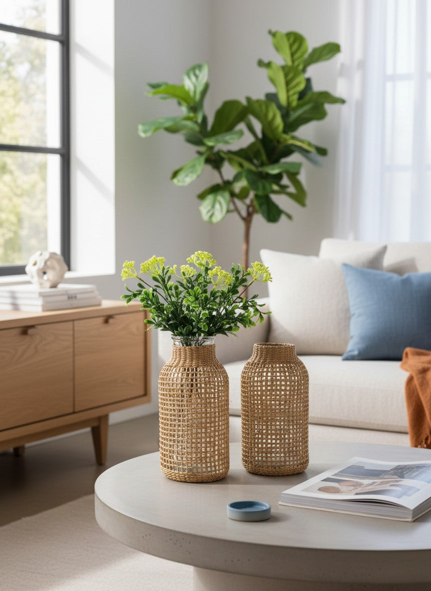 Ma boutique : deux vases en verre tressés de rotin naturel, l'un avec des plantes vertes artificielles.