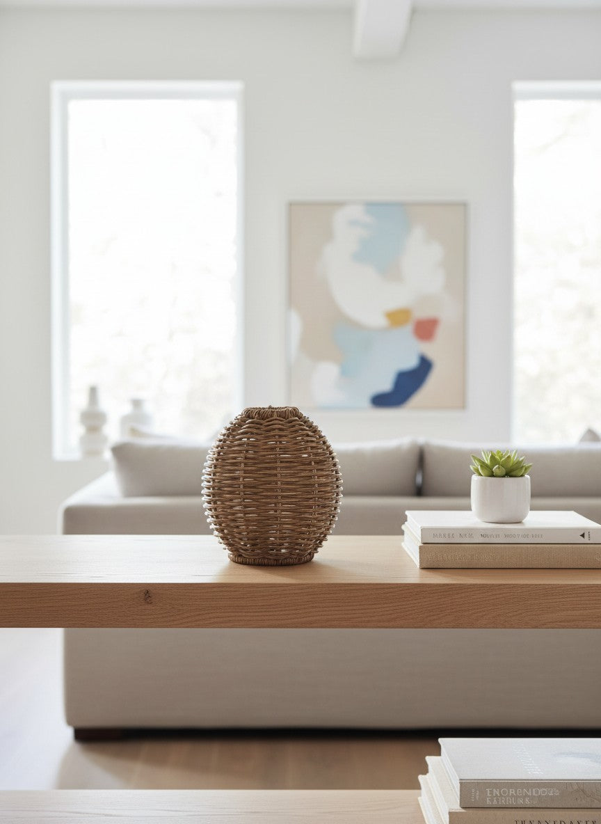 Ma boutique vase rond tressé en plastique marron, style rétro chinois, idéal pour arrangement floral intérieur.
