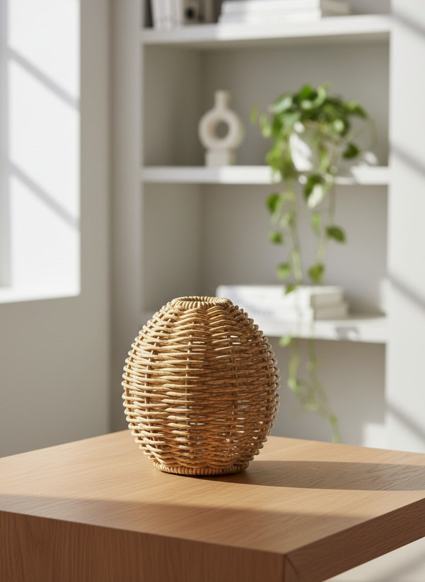 Ma boutique vase en plastique tressé aspect rotin, style rétro, idéal pour arrangement floral intérieur.