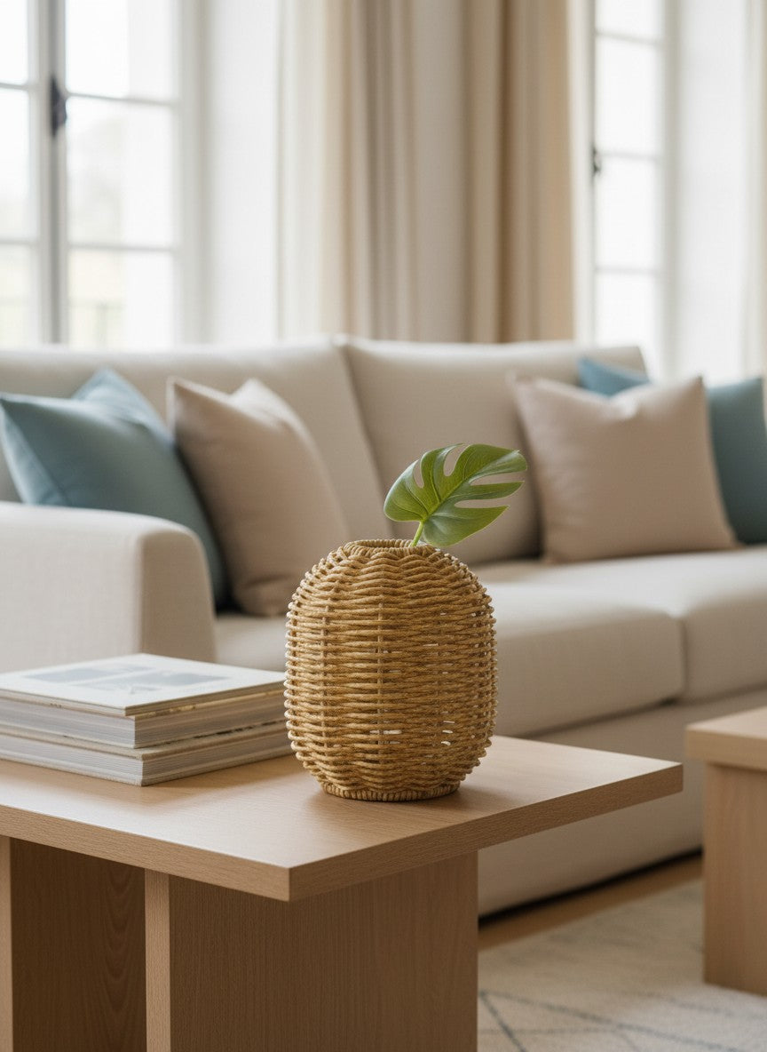 Ma boutique vase en plastique tressé aspect rotin, style rétro chinois, idéal pour arrangement floral intérieur.
