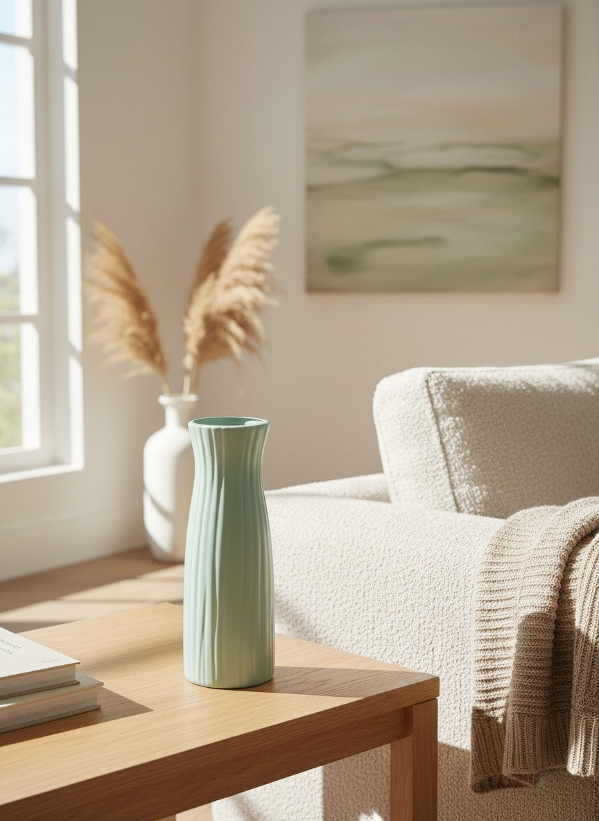 Ma boutique vase moderne vert sauge texturé, design minimaliste et élancé, idéal pour fleurs séchées ou bouquets.