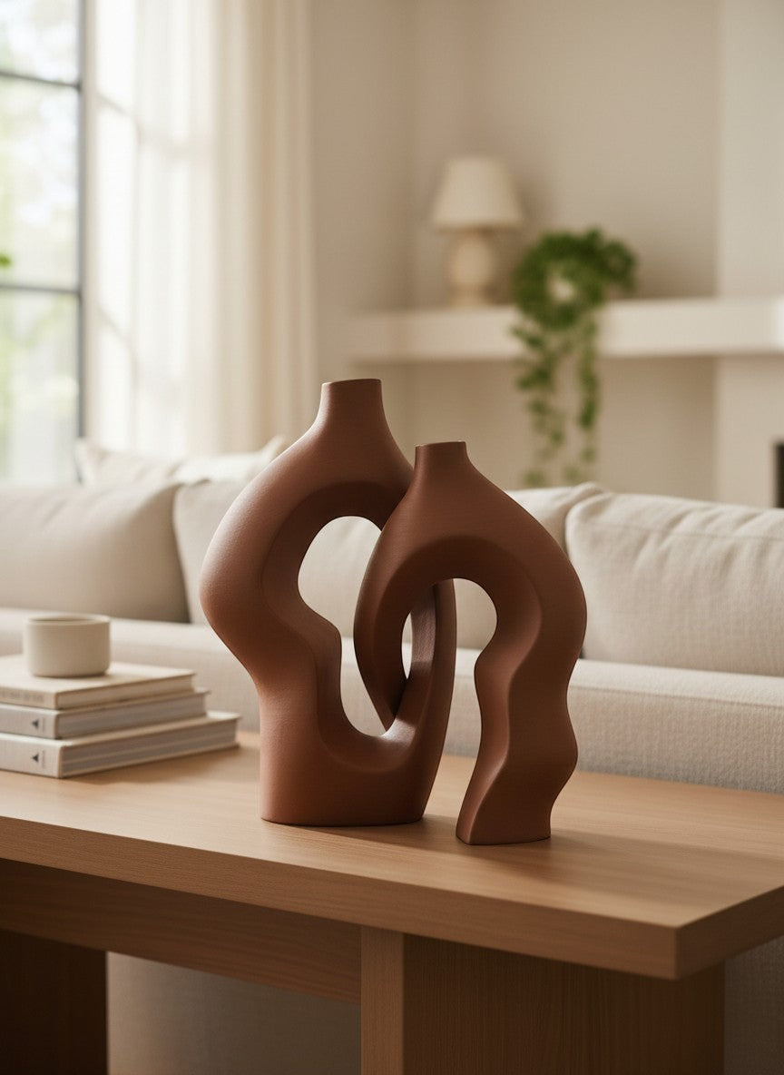 Ma boutique lot de 2 vases artistiques marron en plastique, design torsadé moderne pour décoration intérieure.