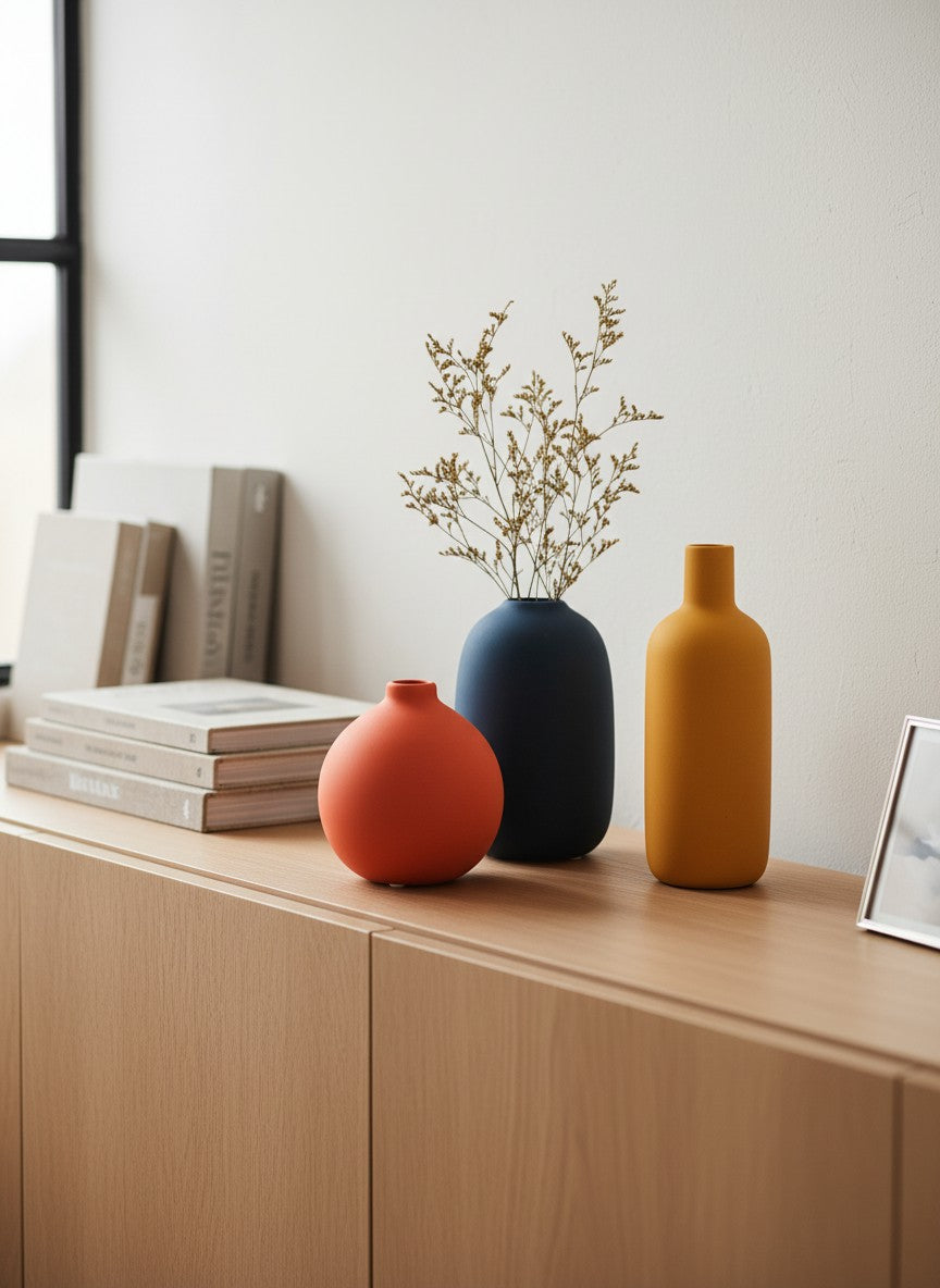 Ma boutique - Ensemble de 3 vases en céramique moderne, jaune, orange et bleu, avec des branches séchées.