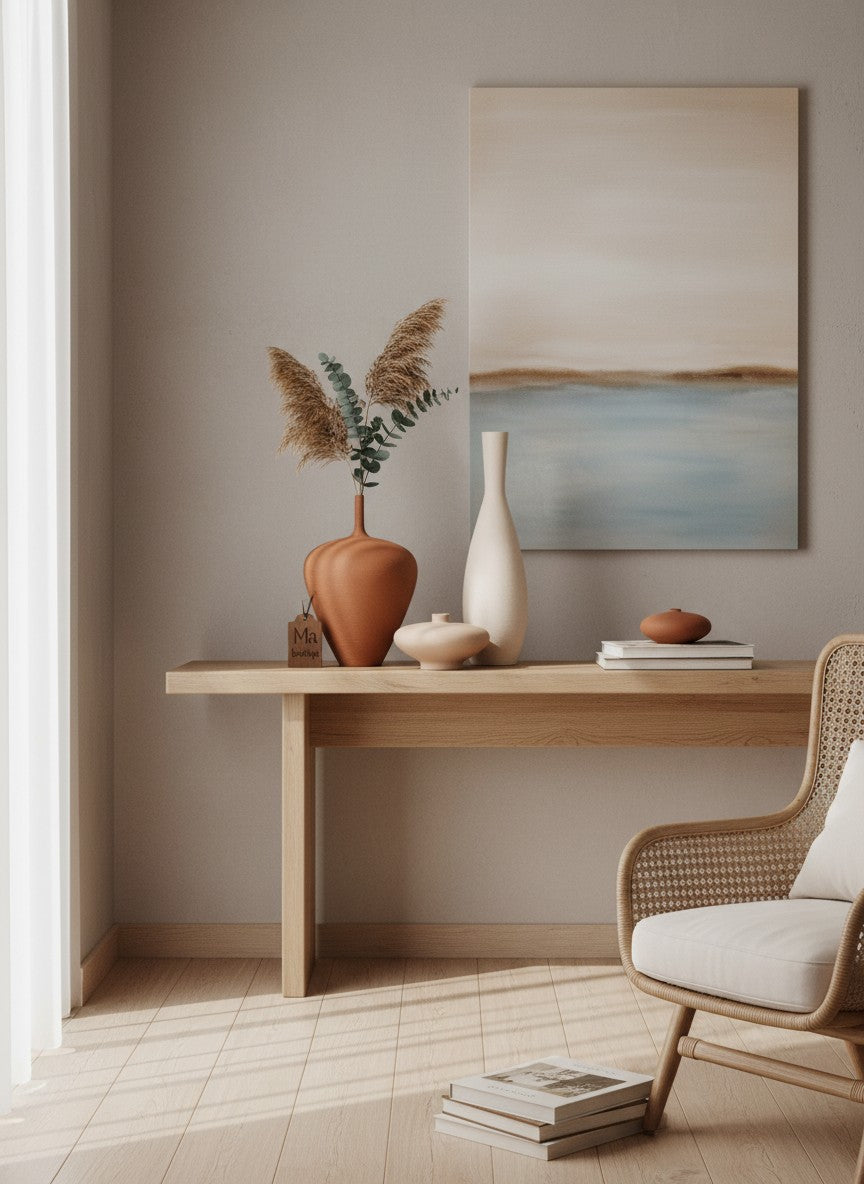 Ma boutique - Trois vases minimalistes en céramique mate, terre cuite, beige et sable, formes uniques.