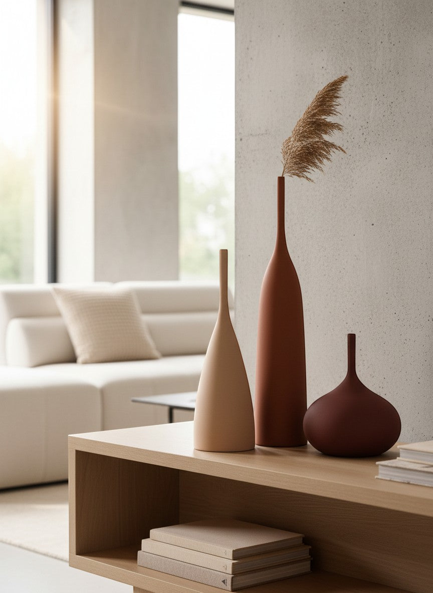 Ma boutique - Ensemble de 3 vases en céramique artisanale, style wabi-sabi, couleurs terreuses, décoration intérieure moderne.