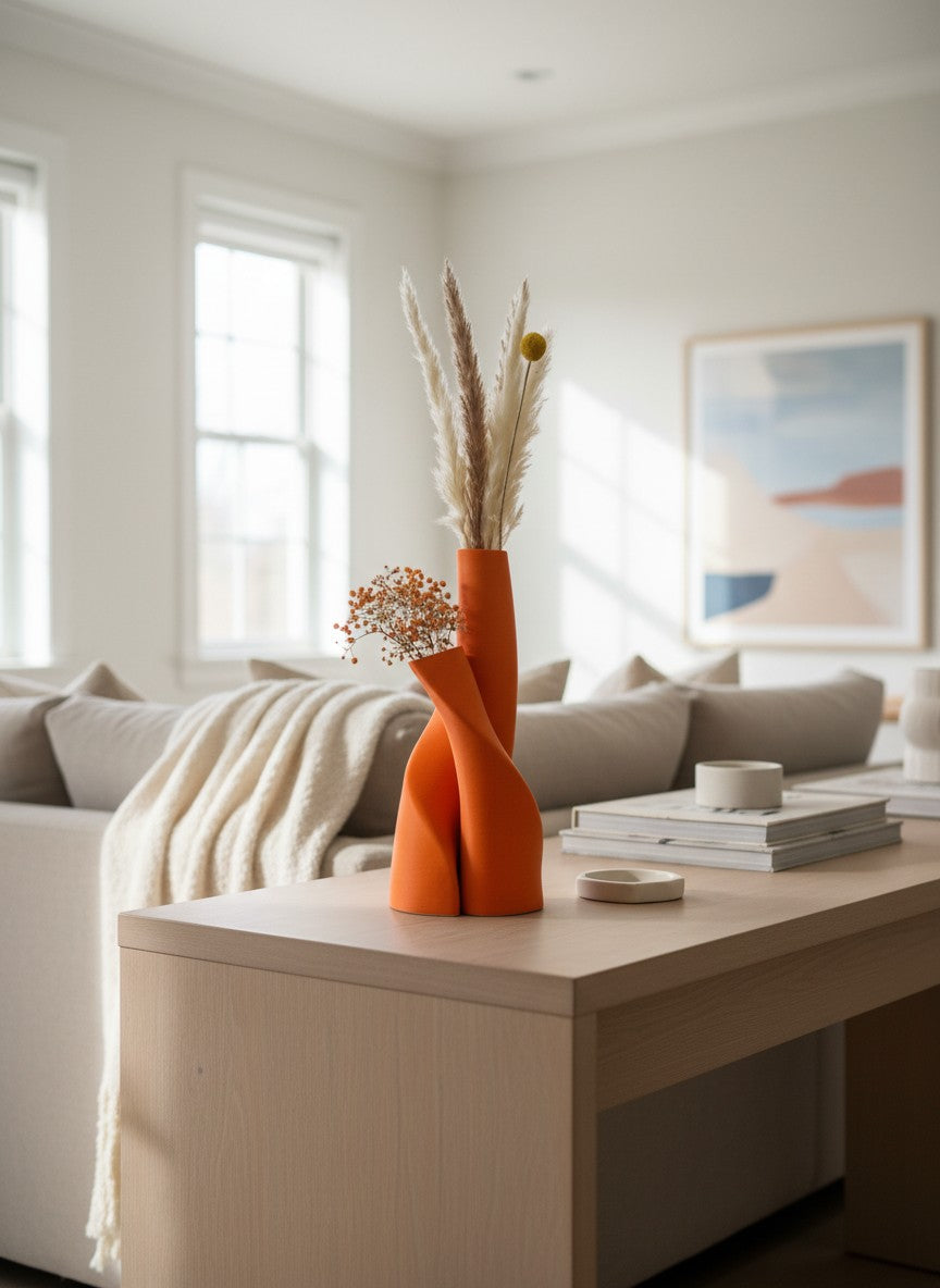 Ma boutique lot de 2 vases torsadés orange en plastique, style moderne, pour fleurs séchées.