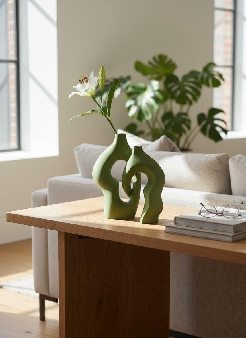 Ma boutique Lot de 2 vases artistiques torsadés en plastique vert, parfaits pour la décoration intérieure et les arrangements floraux.