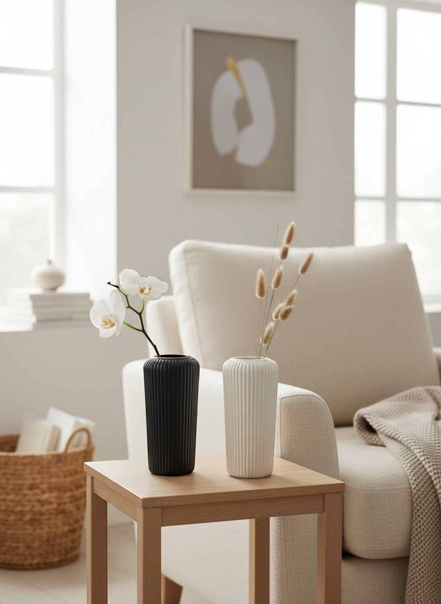 Ma boutique lot de 2 vases décoratifs en plastique blanc et noir avec finition céramique et rayures verticales.