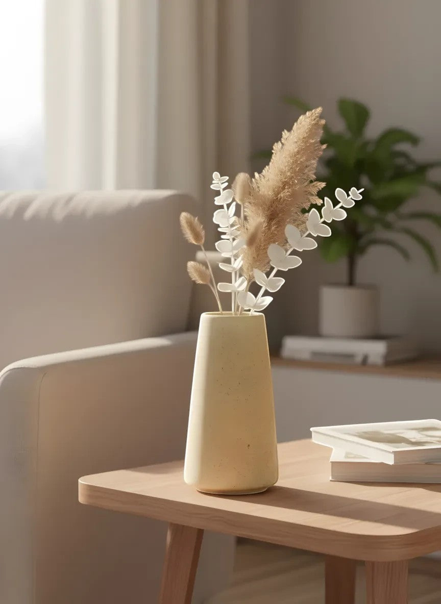 Vase conique en céramique beige mat Vase Unique, parfait pour fleurs séchées ou décoration minimaliste.