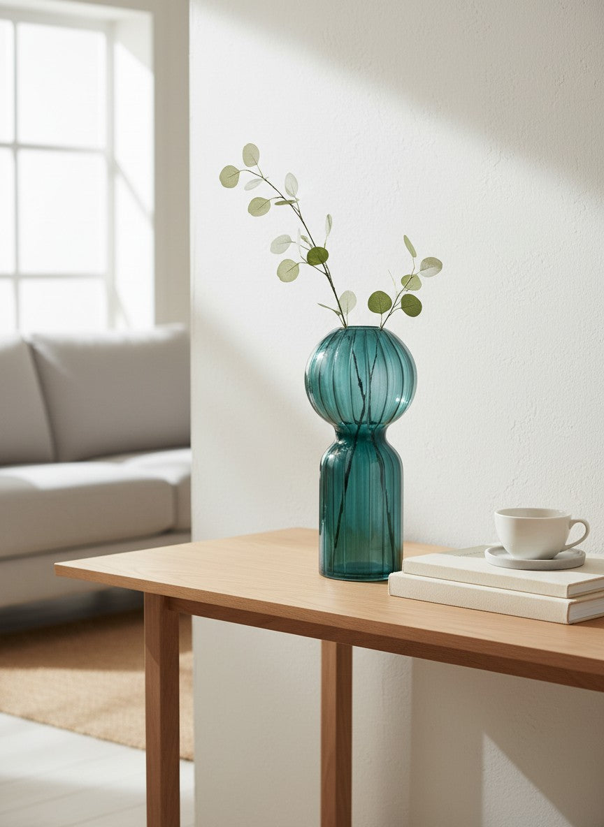 Vase Unique vase cylindrique en verre texturé bleu pétrole avec côtes verticales