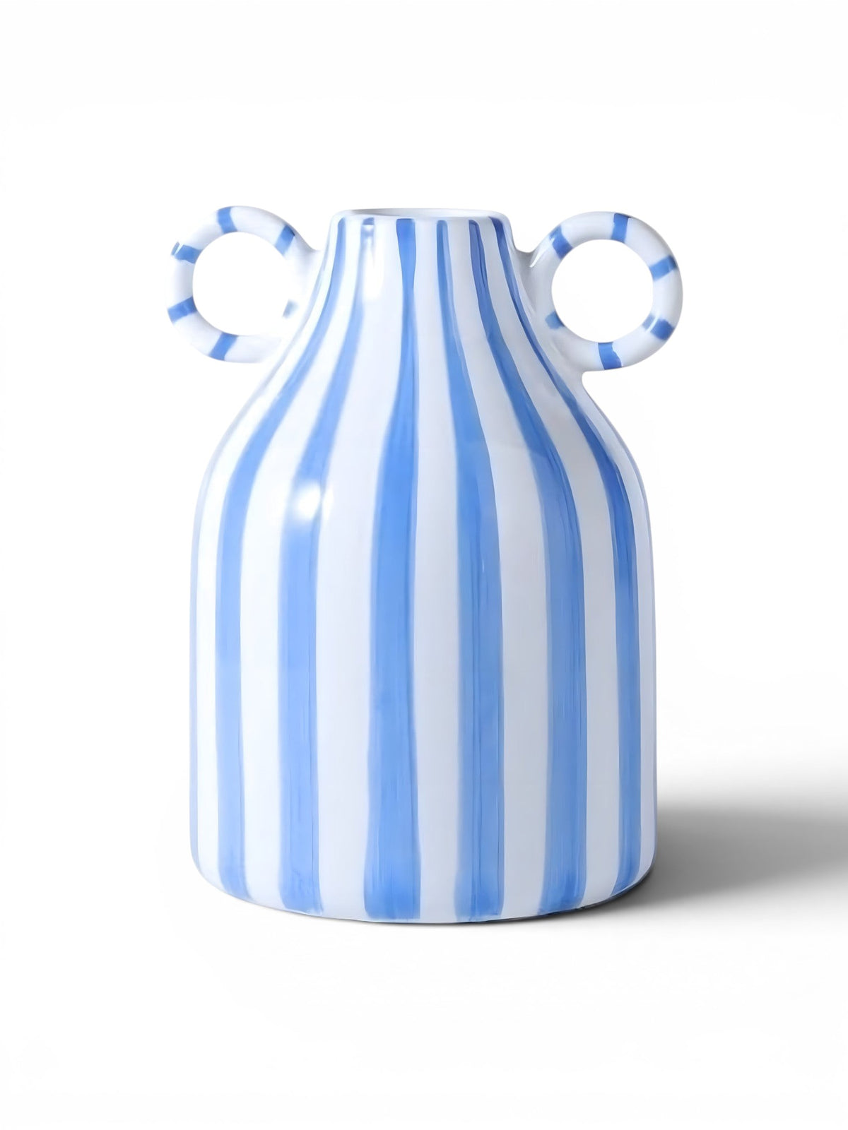 Vase Unique rayé bleu et blanc en céramique avec double anse décorative, idéal pour fleurs séchées.