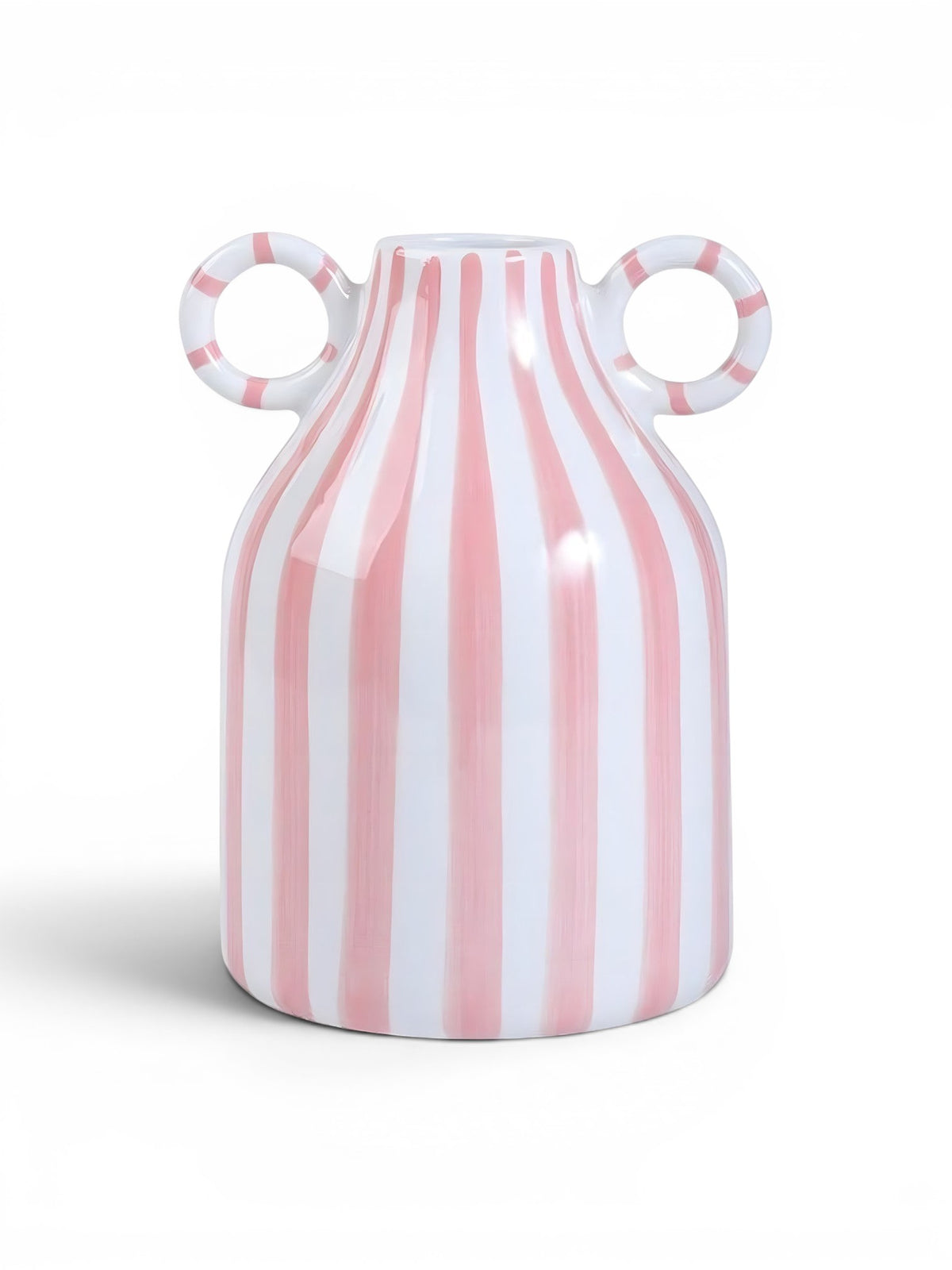 Vase Rayé En Céramique À Double Anse Vase Unique rose et blanc rayé, 16 cm x 12,5 cm, idéal pour fleurs séchées ou décoration.