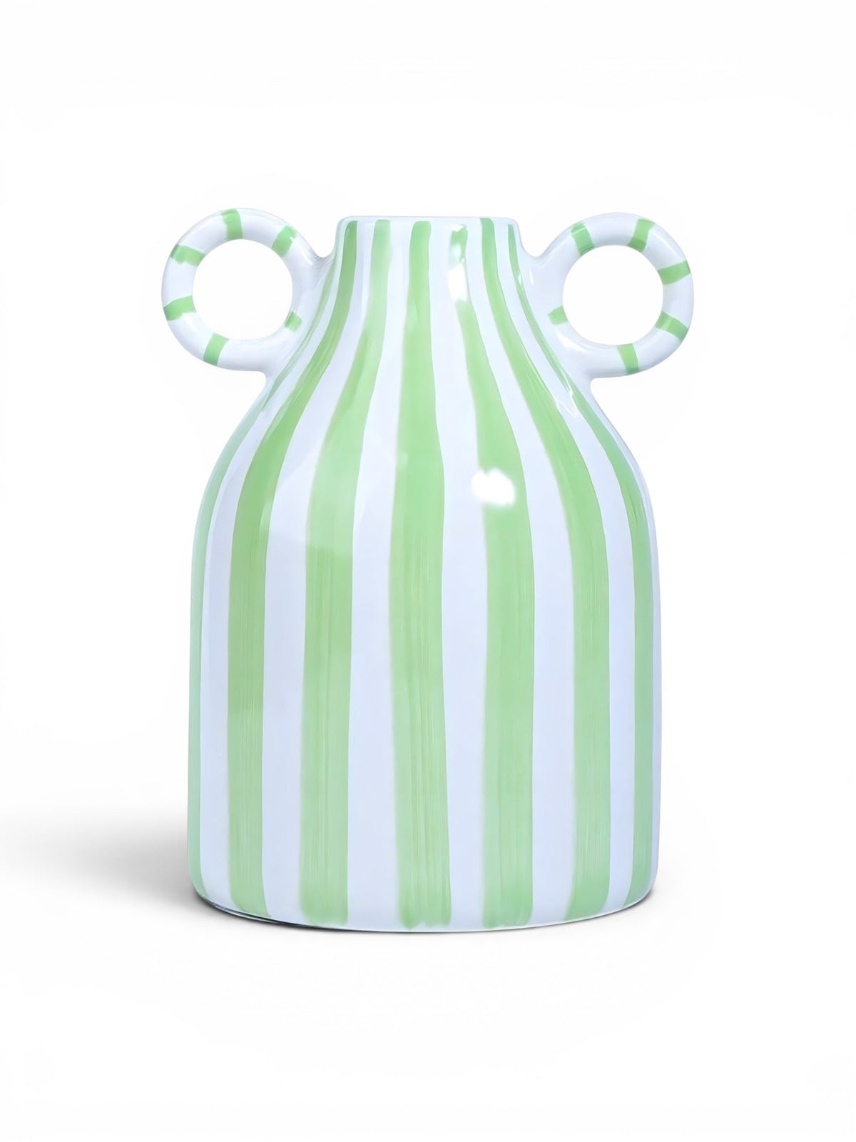 Vase Unique rayé vert et blanc en céramique avec double anse, idéal pour fleurs séchées ou décoration.