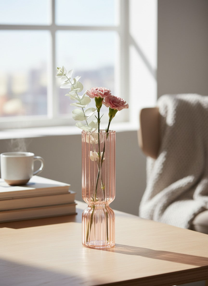 Vase cylindrique en verre texturé rose poudré Vase Unique, idéal pour la décoration intérieure.